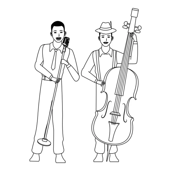 Musicien jouant de la basse et chantant noir et blanc — Image vectorielle