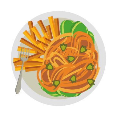 Çatal gıda ile spagetti ve patates kızartması