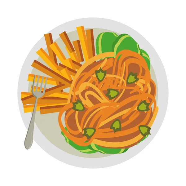 Spaghetti e patatine fritte con forchetta — Vettoriale Stock