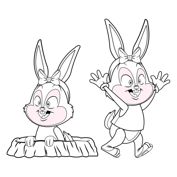 Mignon lapin de Pâques amis heureux trou de lapin noir et blanc — Image vectorielle