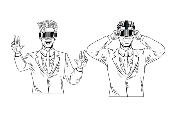 Homme d'affaires pop art avec lunettes de réalité virtuelle — Image vectorielle