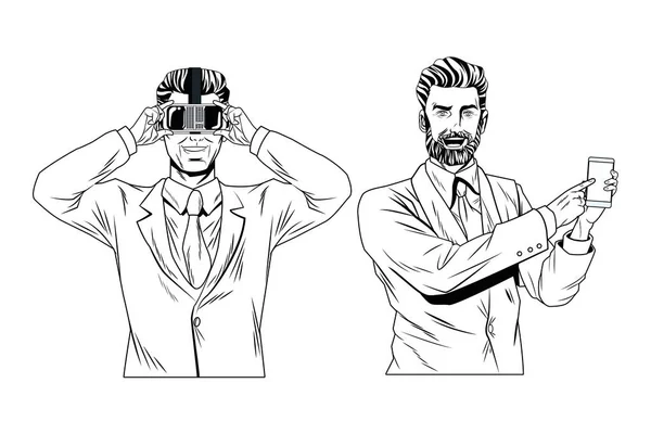 Hombres con auriculares de realidad virtual en blanco y negro — Archivo Imágenes Vectoriales