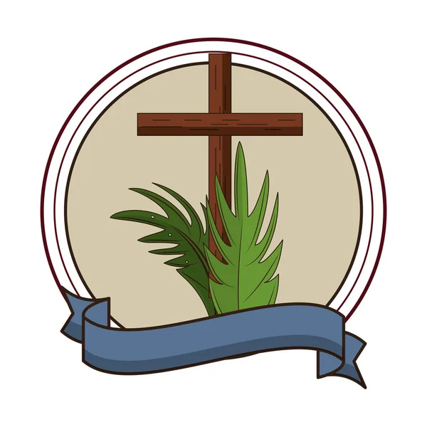 Christelijke houten kruis symbool ronde embleem — Stockvector