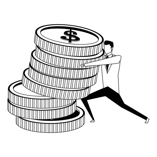 Empresario con monedas apiladas en blanco y negro — Vector de stock