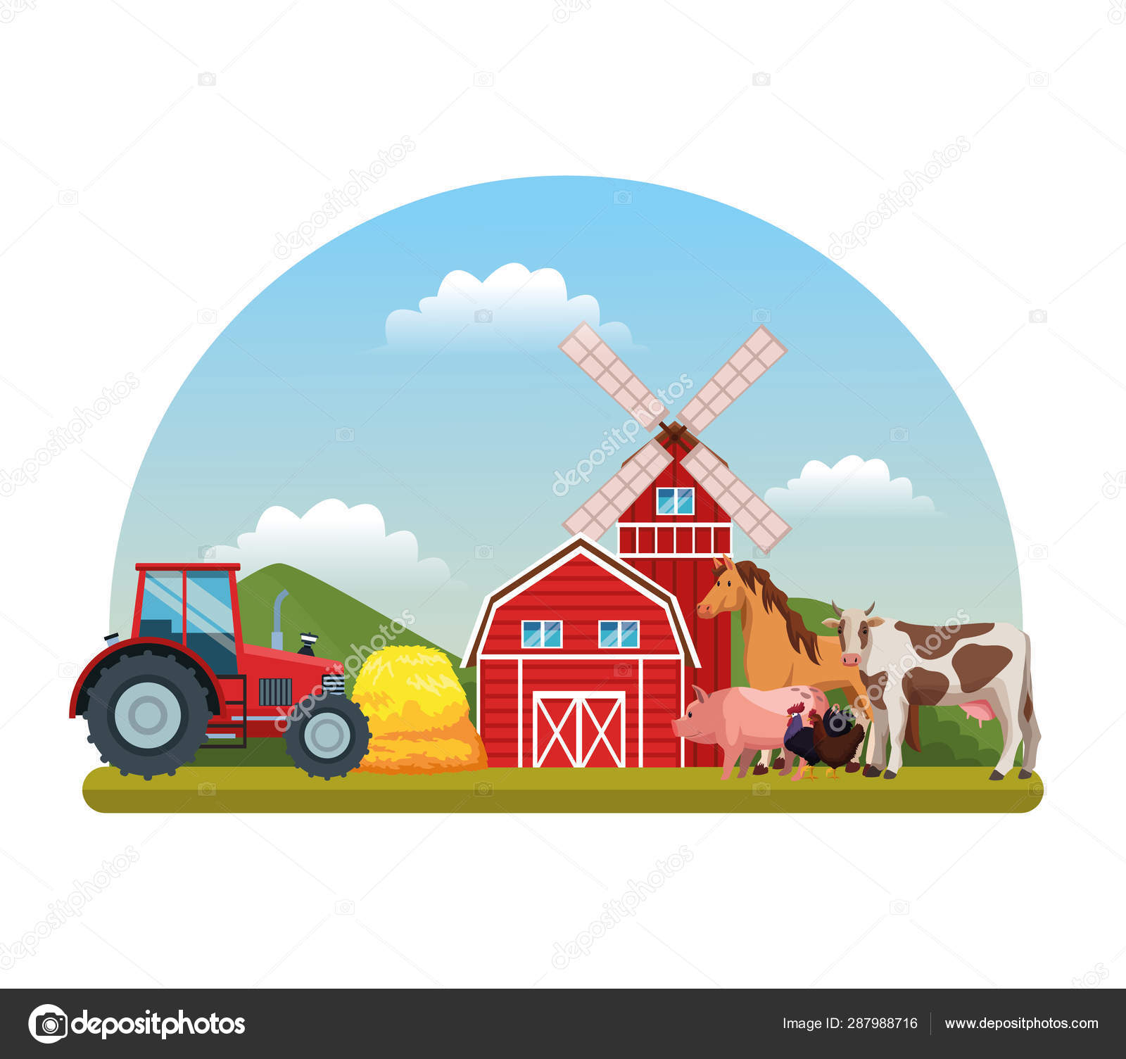 ilustração de fazenda de desenhos animados coloridos de trator