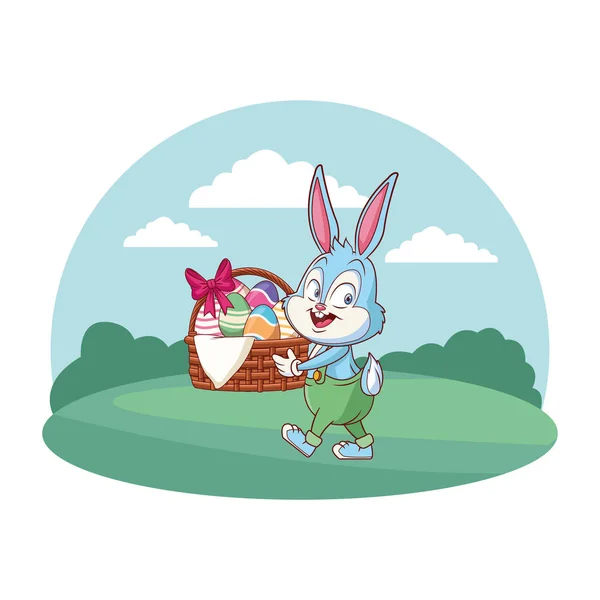 Cute easter bunny celebration with egg basket nature background round frame