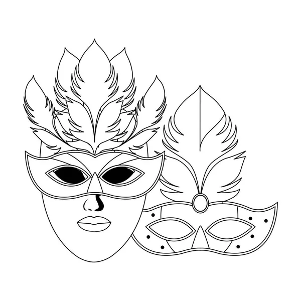 Máscaras y plumas blanco y negro — Vector de stock