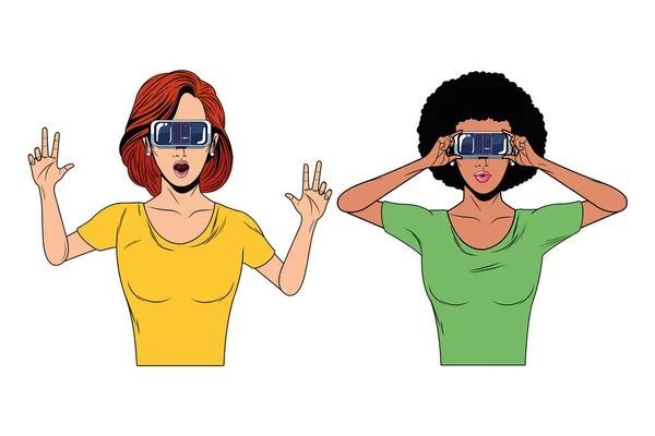 Mujeres con auriculares de realidad virtual — Vector de stock