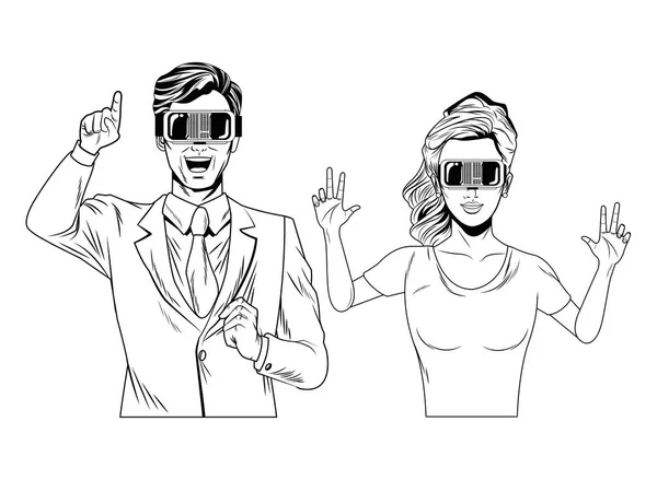 Coppia indossando auricolare realtà virtuale in bianco e nero — Vettoriale Stock