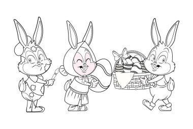 Sevimli paskalya tavşanı mutlu arkadaşlar siyah beyaz