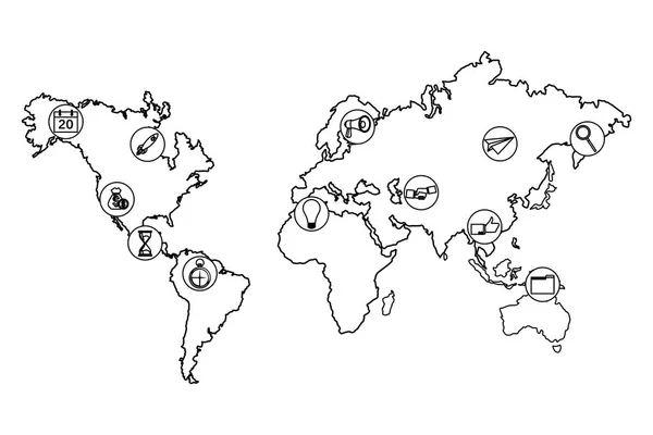 Iconos de negocios en un mapa del mundo blanco y negro — Vector de stock