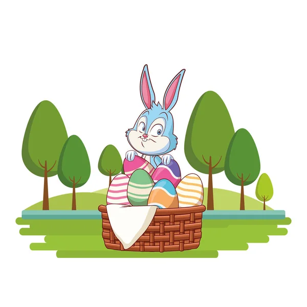Bonito Páscoa coelho celebração ovo cesta natureza fundo árvores — Vetor de Stock