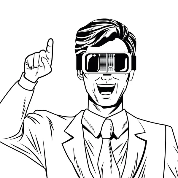 Hombre con auriculares de realidad virtual en blanco y negro — Archivo Imágenes Vectoriales