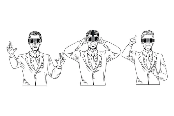 Férfiak virtuális valósággal headset fekete-fehér — Stock Vector