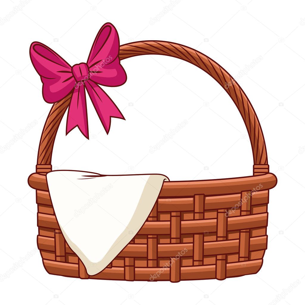 Wicker basket with ribbon and cloth isolated