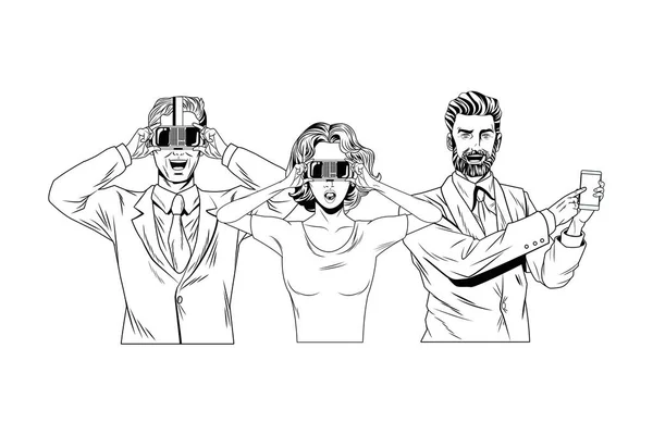 Grupo de personas con auriculares de realidad virtual en blanco y negro — Archivo Imágenes Vectoriales