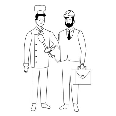 Profesyoneller işçi çift siyah beyaz karikatürler gülümseyen