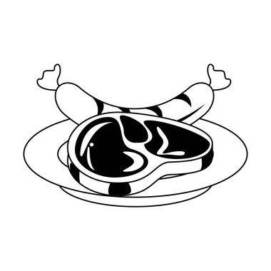 Siyah beyaz lezzetli barbekü ızgara gıda karikatür