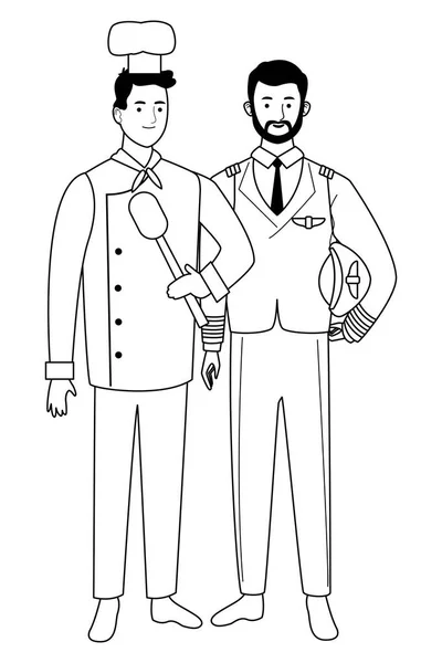 Profissionais trabalhadores casal sorrindo desenhos animados em preto e branco — Vetor de Stock