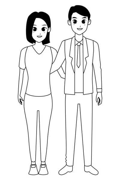 Junges erwachsenes Paar grüßt Karikatur in schwarz und weiß — Stockvektor