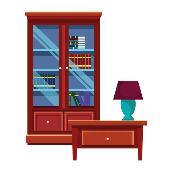 Maison bibliothèque en bois et lampe sur tiroir — Image vectorielle