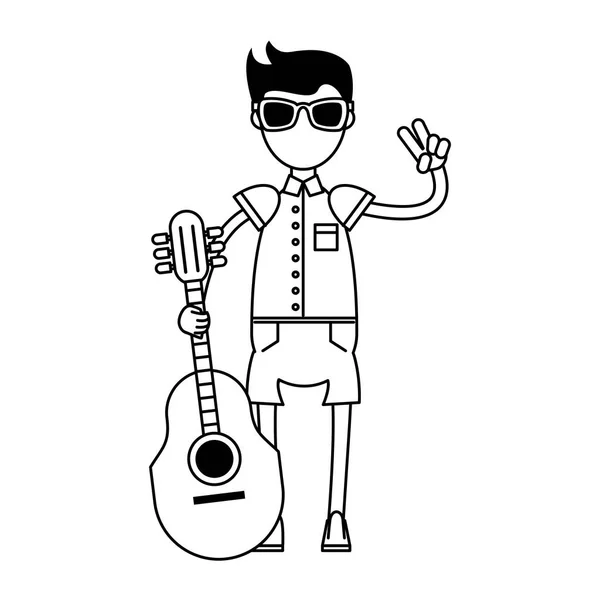 Garçon hipster avec guitare acoustique en noir et blanc — Image vectorielle