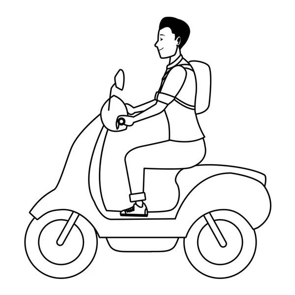 Joven hombre montando moto scooter en blanco y negro — Vector de stock