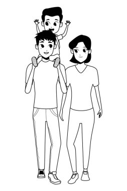 Siyah beyaz çocuklu aile genç ebeveynler karikatür