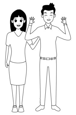 Siyah beyaz genç yetişkin çift tebrik karikatür