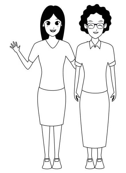 母と大人の娘は黒と白で一緒に漫画 — ストックベクタ