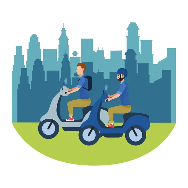 Pessoas andando de scooters motocicletas desenhos animados — Vetor de Stock