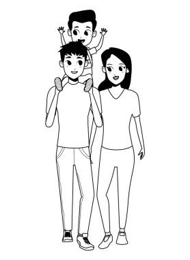 Siyah beyaz çocuklu aile genç ebeveynler karikatür