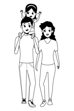 Siyah beyaz çocuklu aile genç ebeveynler karikatür