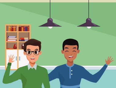 İki erkek arkadaş gülümseyerek ve selamlıyorum