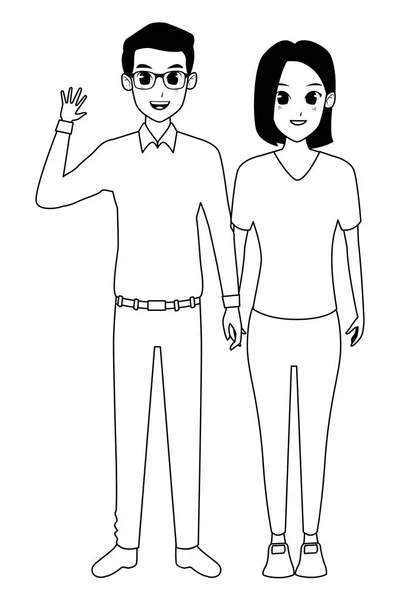 젊은 성인 커플 인사 만화에 흑인과 백인 — 스톡 벡터