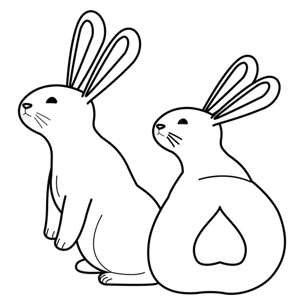 Niedlichen zwei Kaninchen Tiere Cartoons in schwarz und weiß — Stockvektor