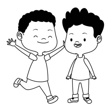 Sevimli mutlu çocuklar siyah beyaz eğlenceli karikatürler sahip