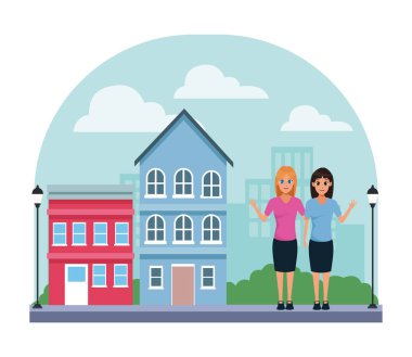 Genç kadın arkadaşlar gülümseyen karikatür