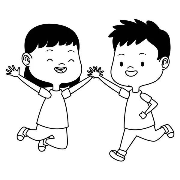 Χαριτωμένα χαρούμενα παιδιά που διασκεδάζουν κινούμενα σχέδια σε μαύρο και άσπρο — Διανυσματικό Αρχείο