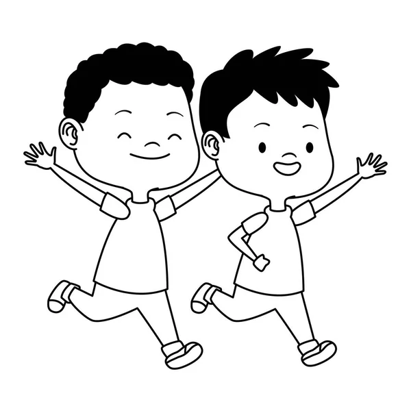 Lindos niños felices que se divierten dibujos animados en blanco y negro — Vector de stock