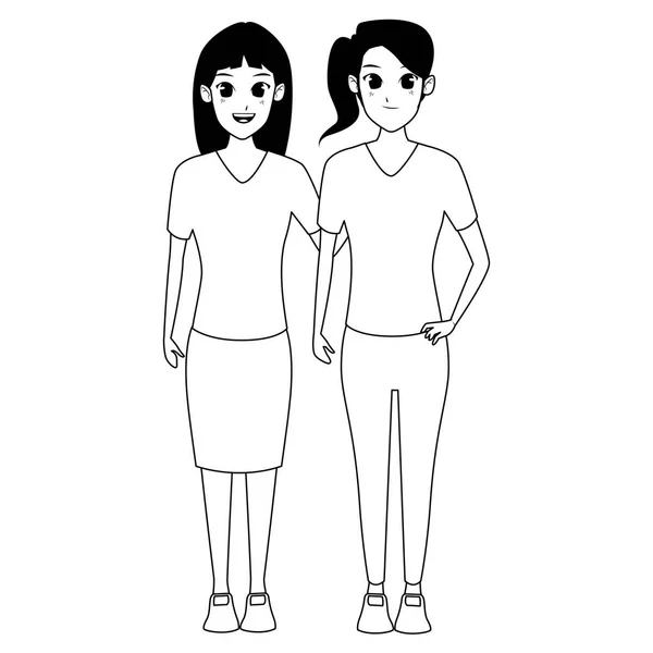 JEUNES femmes amis sourire dessin animé en noir et blanc — Image vectorielle