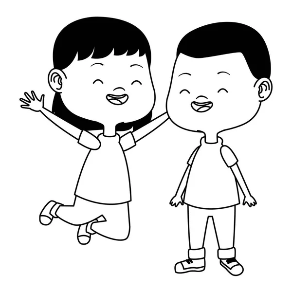 Lindos niños felices que se divierten dibujos animados en blanco y negro — Vector de stock