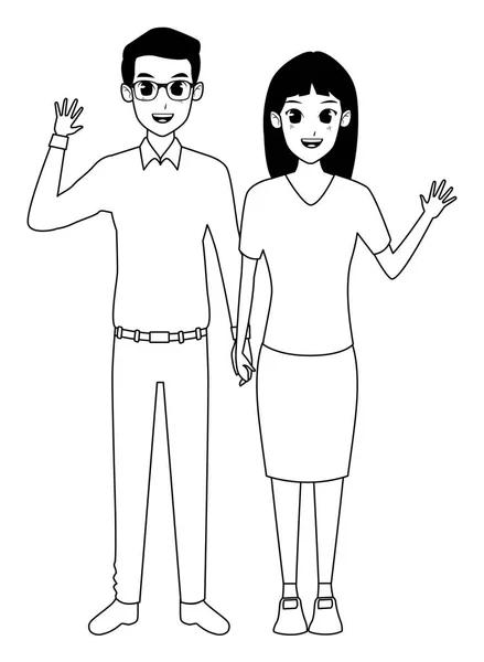 Jovem adulto casal saudação desenhos animados em preto e branco —  Vetores de Stock