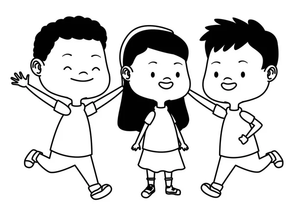 Χαριτωμένα χαρούμενα παιδιά που διασκεδάζουν σε μαύρο και άσπρο — Διανυσματικό Αρχείο