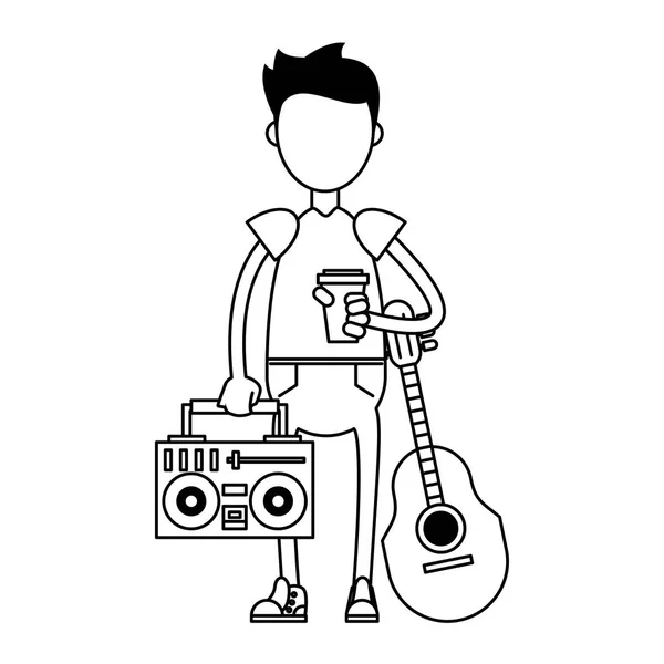 Hipster pojke med akustisk gitarr i svart och vitt — Stock vektor