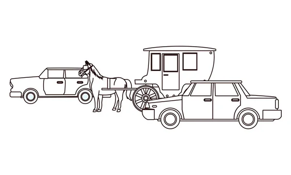 Carros clássicos e veículos de carruagens a cavalo em preto e branco —  Vetores de Stock