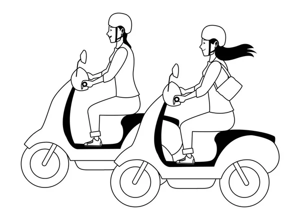 Personas montando scooters motocicletas de dibujos animados en blanco y negro — Vector de stock