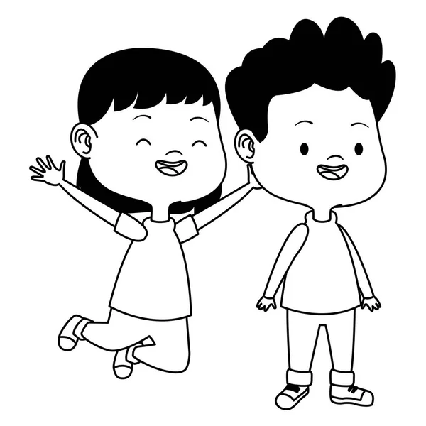 Lindos niños felices que se divierten dibujos animados en blanco y negro — Vector de stock