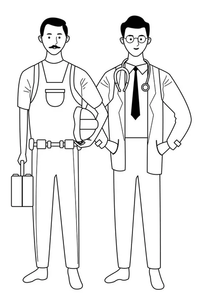 Profesionales trabajadores pareja sonriendo dibujos animados en blanco y negro — Archivo Imágenes Vectoriales