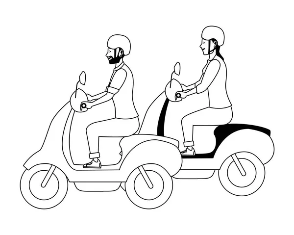 Personas montando scooters motocicletas de dibujos animados en blanco y negro — Vector de stock